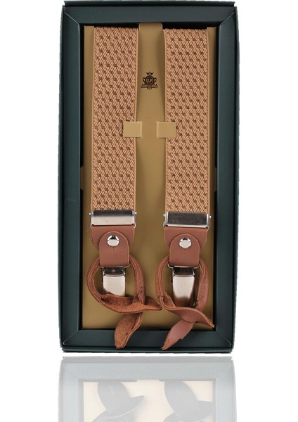 Bej Deri Bağlantılı Düğme Delikli Jakarlı Pantolon Askısı PAN154