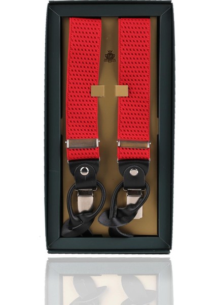 Kırmızı Deri Bağlantılı Düğme Delikli Jakarlı Pantolon Askısı PAN148