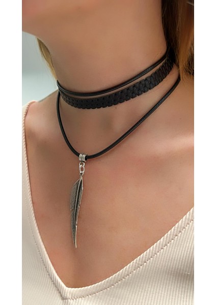 Kutcha Siyah Yaprak Figürlü Choker Kolye