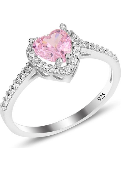 Gümüş Rodyumlu Kalp Modeli Yüzük Pembe Taşlı 925 Ayar Şık Tasarım