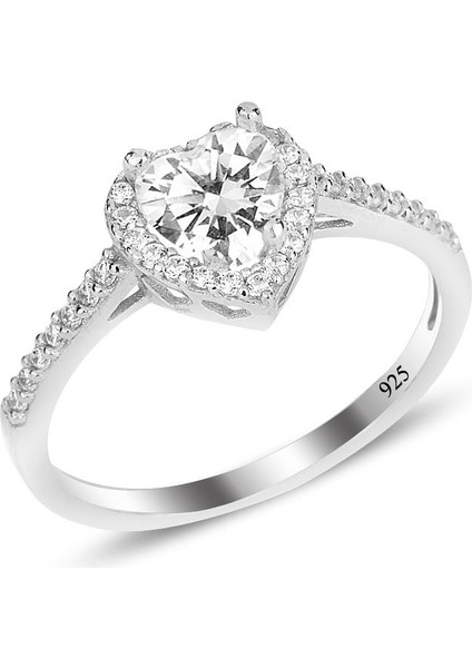 Gümüş Rodyumlu Zirkon Taşlı Pırlanta Montürlü Kalp Modeli Yüzük