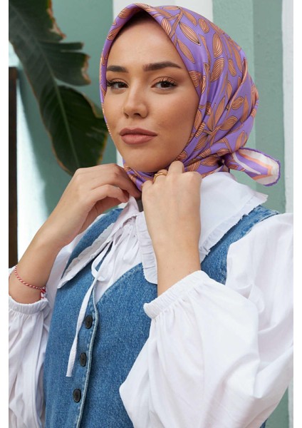 Somon Yaprak Desenli Tivil Ipek Eşarp 11397-18