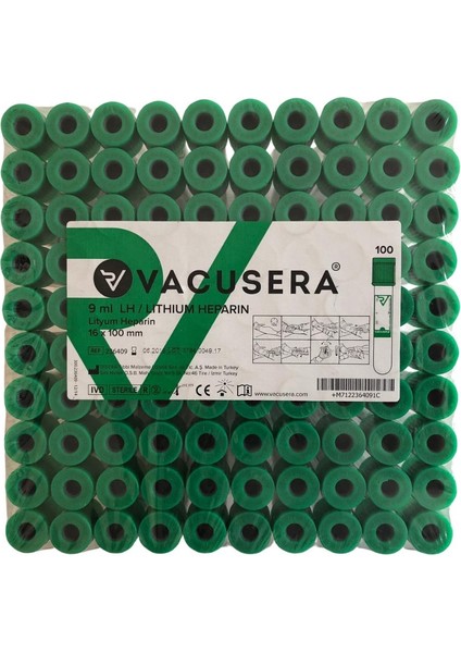 Vacusera - 2ml Kan Tüpü Plastik Lityum Heparinli Yeşil Ref: 234402 - 100 Adet