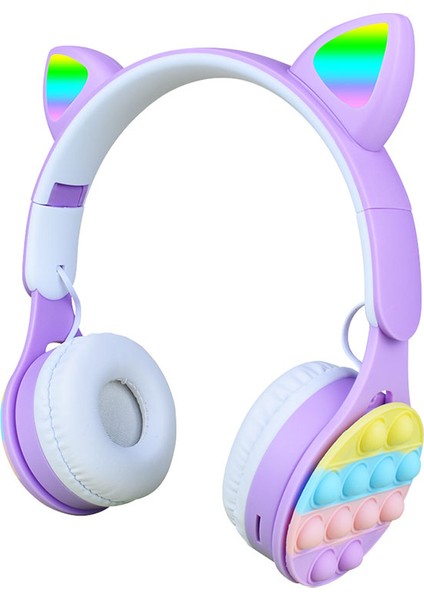 B30 Rgb LED Işıklı Kedi Kulağı Band Tasarımı Ayarlanabilir Katlanabilir Kulak Üstü Pop It Bluetooth Kulaklık Mor