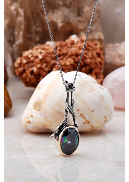 Mistik Topaz Taşlı Sarmaşık Tasarım Gümüş Kolye 6294