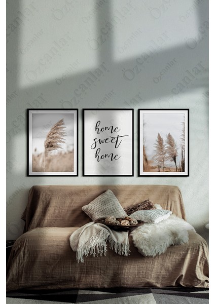 Home Sweet Home Çerçevesiz Çerçeve Görünümlü 3 Parça Mdf Duvar Pampas Tablo Seti Lazer Kesim