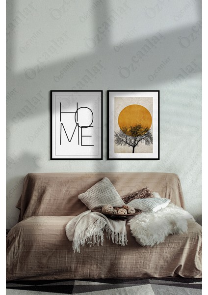 Home Temalı Çerçevesiz Çerçeve Görünümlü 2 Parça Mdf Duvar Tablo Seti Güneş Tablo Set