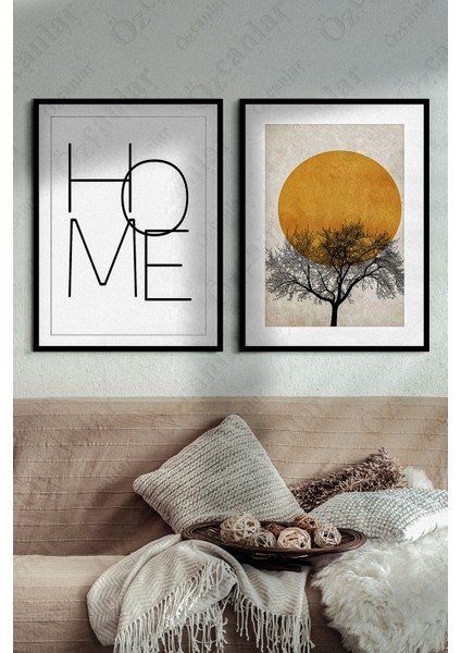 Home Temalı Çerçevesiz Çerçeve Görünümlü 2 Parça Mdf Duvar Tablo Seti Güneş Tablo Set