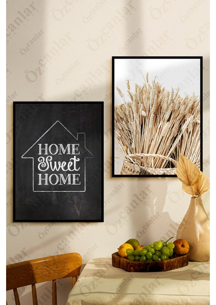 Home Sweet Home Temalı Çerçevesiz Çerçeve Görünümlü 2 Parça Mdf Duvar Tablo Seti Mdf Tablo Set