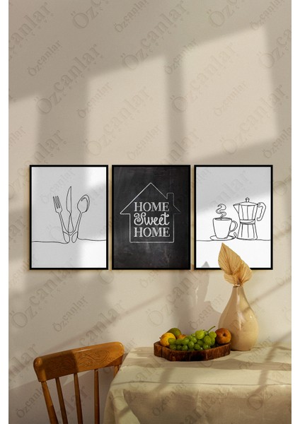 Home Sweet Home Temalı Çerçevesiz Çerçeve Görünümlü 3 Parça Mutfak Mdf Duvar Tablo Seti