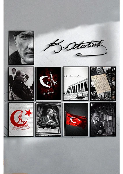 Özcanlar Çerçeve Atatürk Çerçevesiz Çerçeve Görünümlü Atatürk Fotoğrafları 10 Parça Mdf Tablo Seti Atatürk Imzası