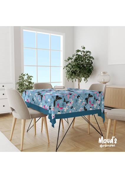 Mavi Kelebekler Desenli Kare - Dikdörtgen Süet Dertsiz Masa Örtüsü
