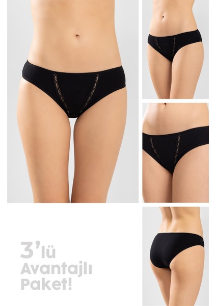 Kadın Pamuklu Zikzak Işlemeli Bikini Kesim Külot 3'lü Paket Siyah