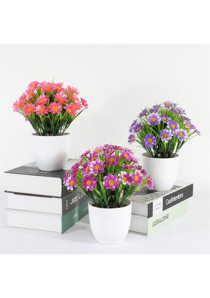 3lü Set Yapay Çiçek Papatya Beyaz Saksıda Karışık Renkler