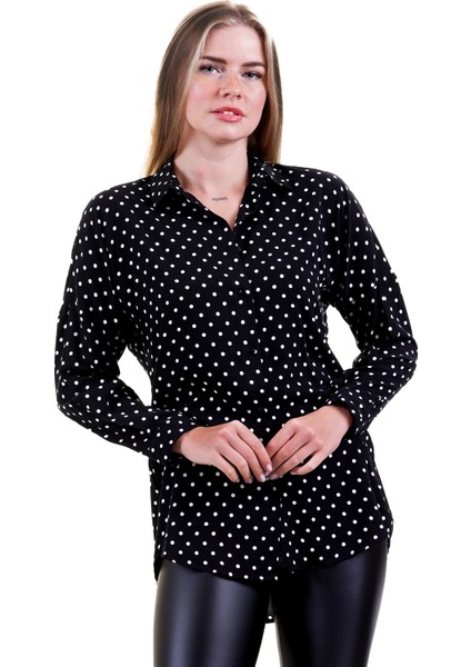 Siyah Üzerine Beyaz Puantiyeli Nefes Alan Kadın Viskon Uzun Gömlek Tunik fiyatları