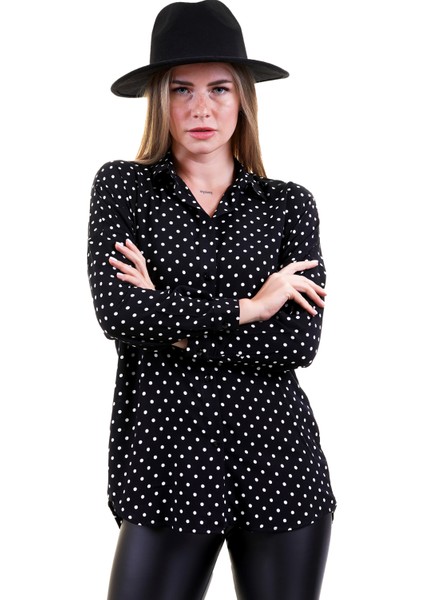 Siyah Üzerine Beyaz Puantiyeli Nefes Alan Kadın Viskon Uzun Gömlek Tunik modelleri