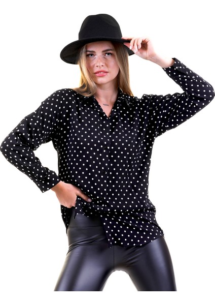 Siyah Üzerine Beyaz Puantiyeli Nefes Alan Kadın Viskon Uzun Gömlek Tunik fırsatları