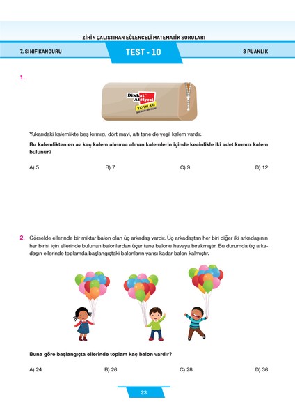 7.sınıf Zihin Çalıştıran Eğlenceli Kanguru Matematik Soruları