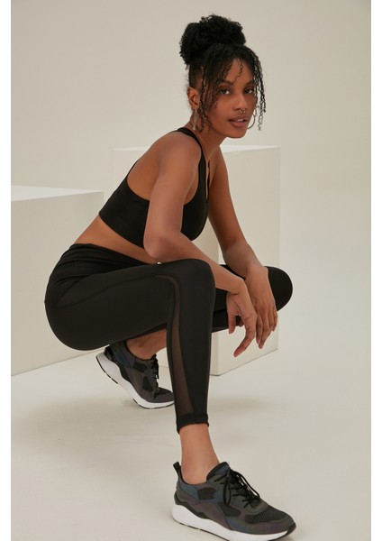 Tül Detay Yüksek Bel Toparlayıcı Siyah Tayt