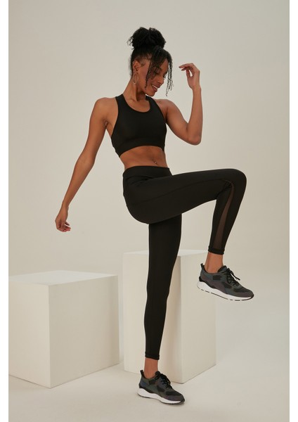 Tül Detay Yüksek Bel Toparlayıcı Siyah Tayt fiyatları