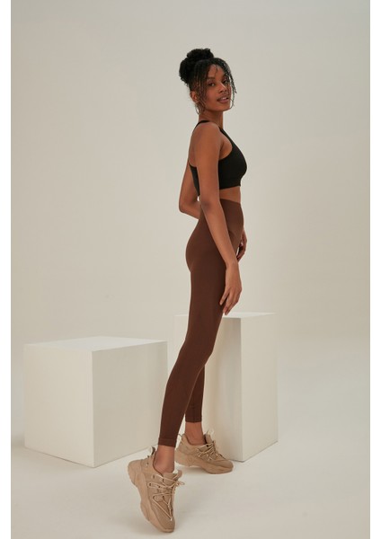 Kahve Seamless Dikişsiz Toparlayıcı Açık Tayt Belden Inceltici ve Sıkılaştırıcı Yüksek Bel