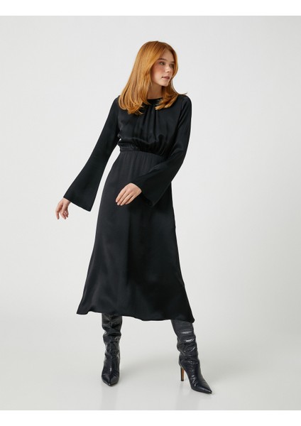 Ipek Görünümlü Uzun Elbise Yuvarlak Yaka Uzun Kollu