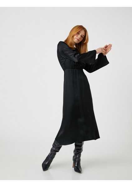 Ipek Görünümlü Uzun Elbise Yuvarlak Yaka Uzun Kollu fiyatları