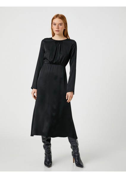 Ipek Görünümlü Uzun Elbise Yuvarlak Yaka Uzun Kollu modelleri