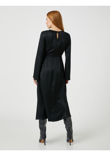 Ipek Görünümlü Uzun Elbise Yuvarlak Yaka Uzun Kollu fırsatları