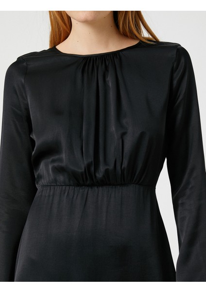 Ipek Görünümlü Uzun Elbise Yuvarlak Yaka Uzun Kollu indirimleri