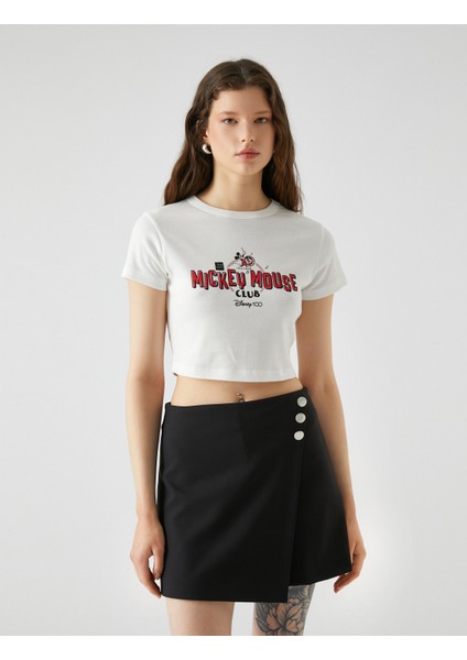 Mickey Mouse Tişört Crop Bisiklet Yaka Kısa Kollu Baskılı