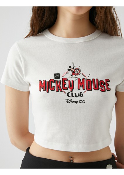 Mickey Mouse Tişört Crop Bisiklet Yaka Kısa Kollu Baskılı