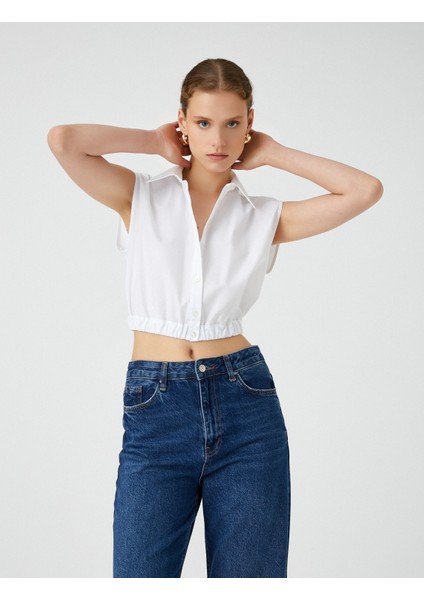 Crop Gömlek Pencere Detaylı Kolsuz Pamuklu