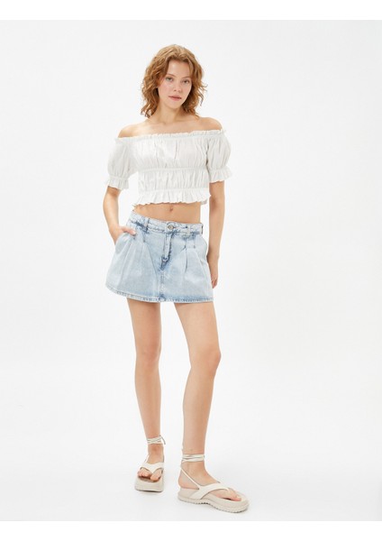 Crop Bluz Omzu Açık Kısa Kollu Fırfırlı Dokulu