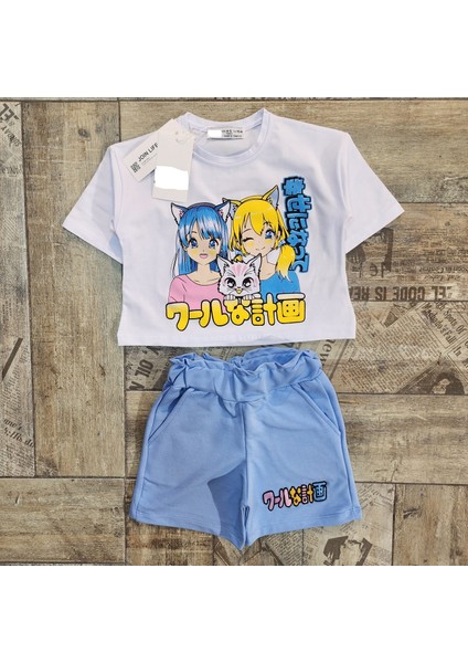 Kız Çocuk Mavi Şort Tşört Alt Üst Takım Yaşlar Baskılı Takım