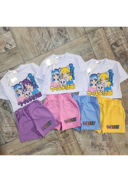 Kız Çocuk Mavi Şort Tşört Alt Üst Takım Yaşlar Baskılı Takım fiyatları