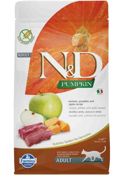 Nd Pumpkin Tahılsız Geyik Etli Bal Kabaklı ve Elmalı Yetişkin Kedi Maması 1.5 kg
