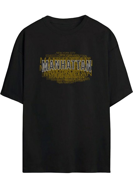 Unisex Manhattan Baskılı Siyah Oversize Tshirt