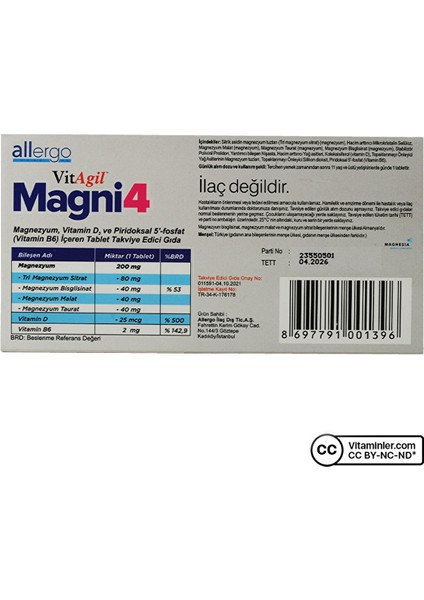 Vitagil Magni4 Magnezyum Vitamin D3 P5P 60 Tablet