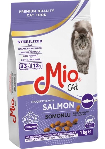 Somonlu Yetişkin Kısırlaştırılmış Kedi Maması - 1 kg Somon Balıklı - Kuru Mama - Mio 1 kg Kısır Kedi - Somonlu