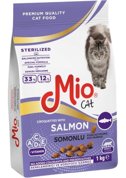 Somonlu Yetişkin Kısırlaştırılmış Kedi Maması - 1 kg Somon Balıklı - Kuru Mama - Mio 1 kg Kısır Kedi - Somonlu