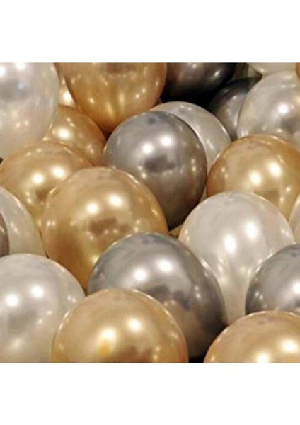 30 Adet Metalik Sedefli Gold-Gümüş Gri-Beyaz Balon, Helyumla Uçan