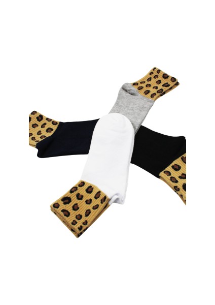 Unisex Leopar Desenli Pamuklu Tenis Çorap 4'lü Set
