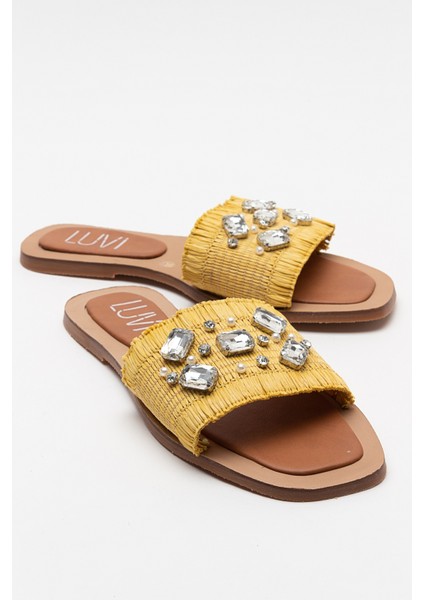 Norve Sarı Hasır Taşlı Kadın Terlik