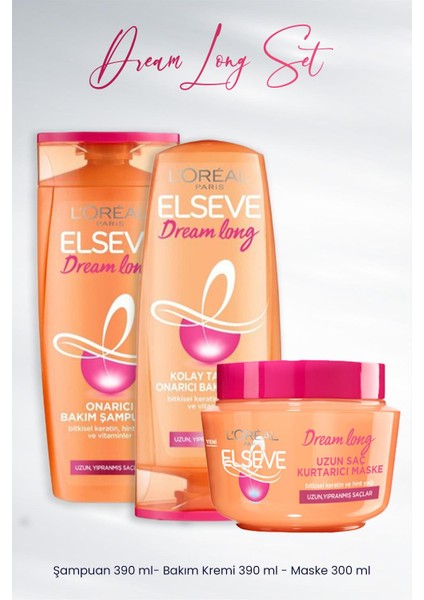 Dream Long Onarıcı Bakım Şampuanı 390 ml, Bakım Kremi 390 ml ve Maske 300 ml
