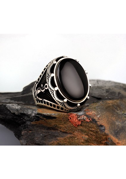 925 Ayar Gümüş Deniz Çapası Model Onix Taşlı Erkek Yüzük