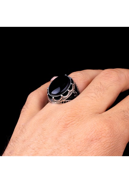 925 Ayar Gümüş Deniz Çapası Model Onix Taşlı Erkek Yüzük fiyatları