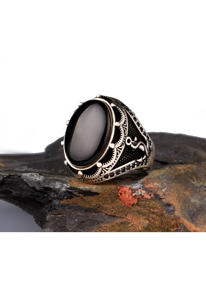 925 Ayar Gümüş Deniz Çapası Model Onix Taşlı Erkek Yüzük modelleri