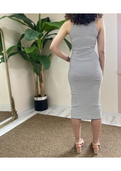 Halter Yaka Çizgili Elbise modelleri
