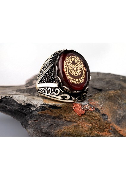 Kehribar Taşlı Ay Yıldız Model 925 Ayar Gümüş Erkek Yüzük